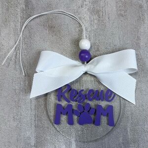 Handcrafted Purple and White Rescue Mom Rear View Mirror Car Charm Ornament